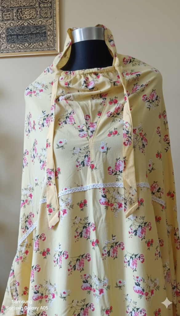 আরামদায়ক ফ্লোরাল প্রিন্টেড এবং চায়না লিলেন কাপড়ের তৈরি নামাজের খিমার (Light yellow) - Image 3