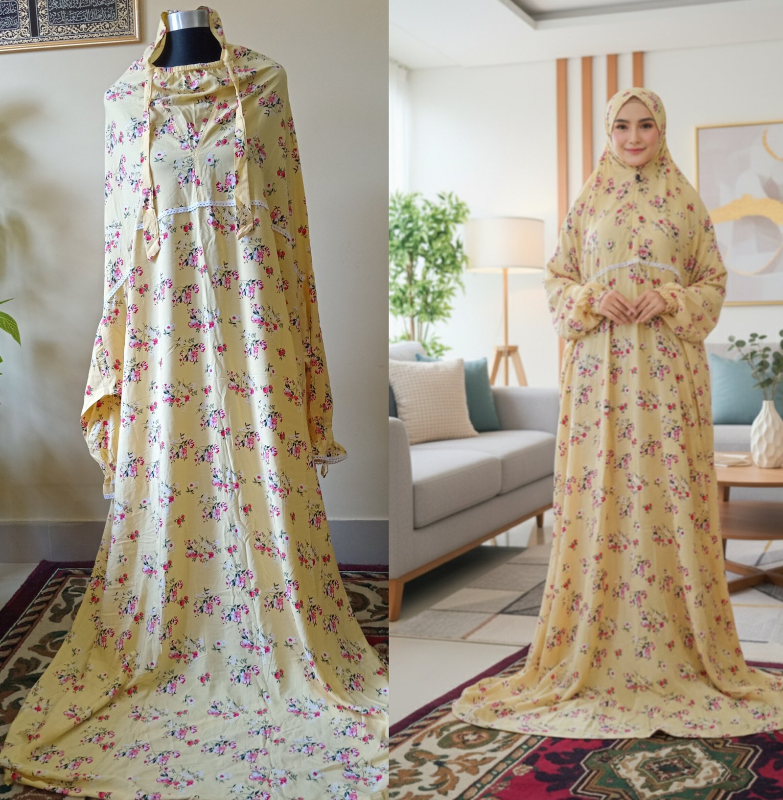 আরামদায়ক ফ্লোরাল প্রিন্টেড এবং চায়না লিলেন কাপড়ের তৈরি নামাজের খিমার (Light yellow)