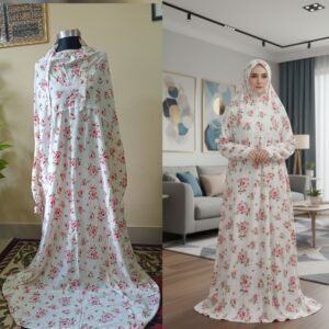 আরামদায়ক ফুলের প্রিন্ট এবং চায়না লিলেন কাপড়ের তৈরি নামাজের খিমার (White)